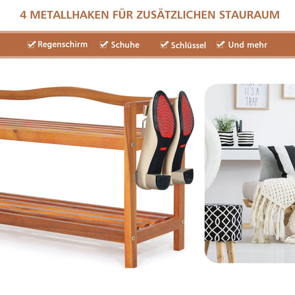 2-Tier Acacia Wood Shoe Rack with Side Hooks