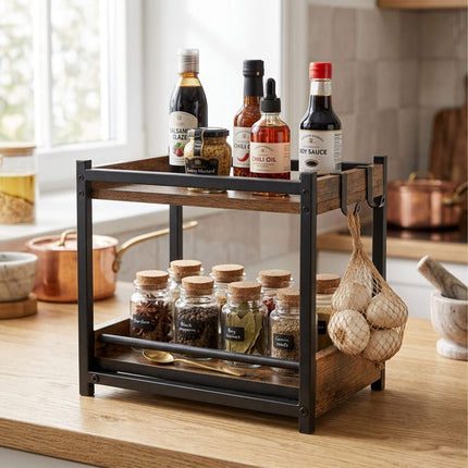 2-Tier Brown Spice Rack with Hooks & Pull-Out Drawer