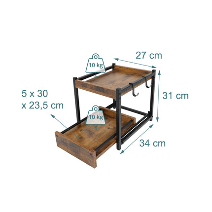 2-Tier Brown Spice Rack with Hooks & Pull-Out Drawer