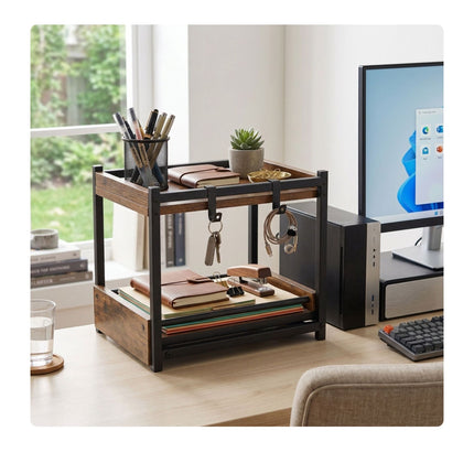2-Tier Brown Spice Rack with Hooks & Pull-Out Drawer