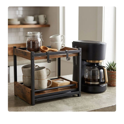 2-Tier Brown Spice Rack with Hooks & Pull-Out Drawer