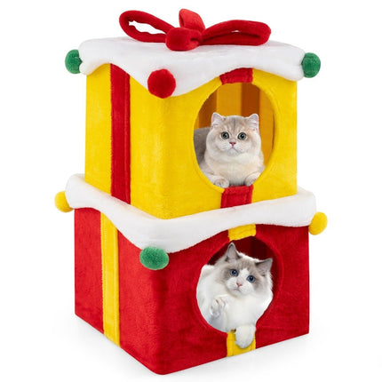 2 Tier Christmas Cat Cave with Bow & Ball Stackable Gift Boxes Cat House
