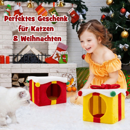 2 Tier Christmas Cat Cave with Bow & Ball Stackable Gift Boxes Cat House
