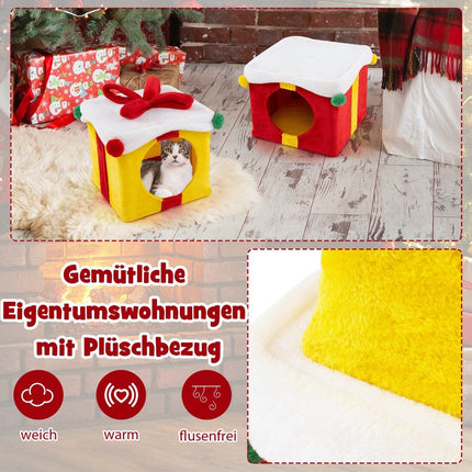 2 Tier Christmas Cat Cave with Bow & Ball Stackable Gift Boxes Cat House