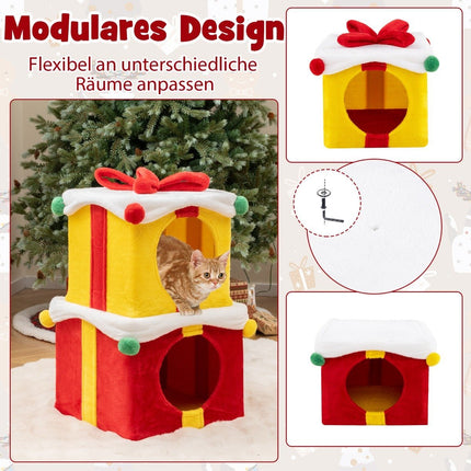2 Tier Christmas Cat Cave with Bow & Ball Stackable Gift Boxes Cat House