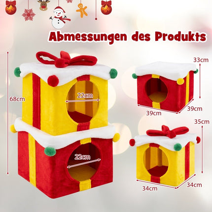 2 Tier Christmas Cat Cave with Bow & Ball Stackable Gift Boxes Cat House