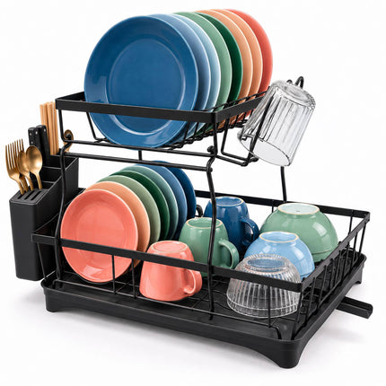 2-Tier Dish Drainer with Integrated Drain and Glass Holder, Black, 47.5 cm Wide