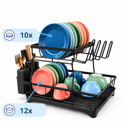 2-Tier Dish Drainer with Integrated Drain and Glass Holder, Black, 47.5 cm Wide
