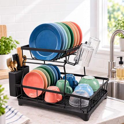 2-Tier Dish Drainer with Integrated Drain and Glass Holder, Black, 47.5 cm Wide