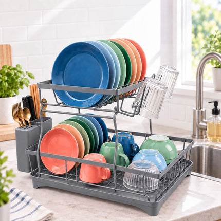 2-Tier Dish Drainer with Integrated Drain and Glass Holder, Grey, 47.5 cm Wide