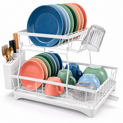 2-Tier Dish Drainer with Integrated Drain and Glass Holder, White, 47.5 cm Wide
