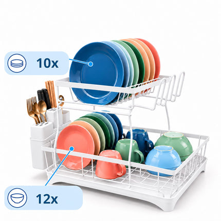 2-Tier Dish Drainer with Integrated Drain and Glass Holder, White, 47.5 cm Wide