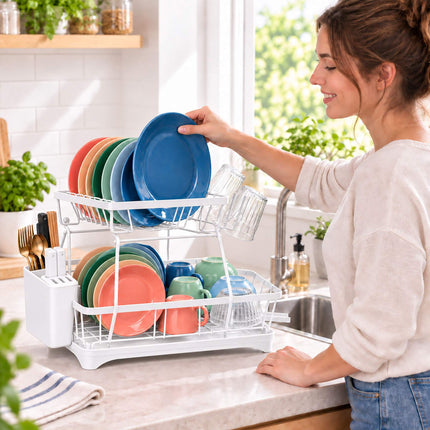 2-Tier Dish Drainer with Integrated Drain and Glass Holder, White, 47.5 cm Wide