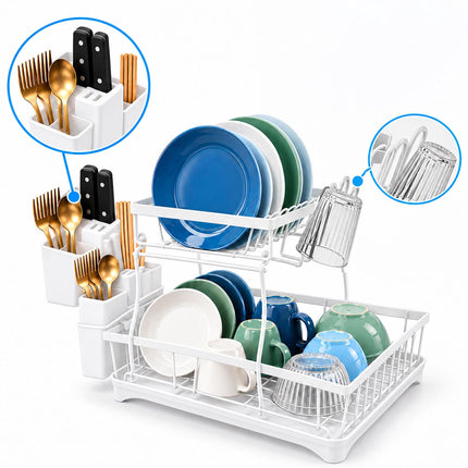 2-Tier Dish Drainer with Integrated Drain and Glass Holder, White, 47.5 cm Wide