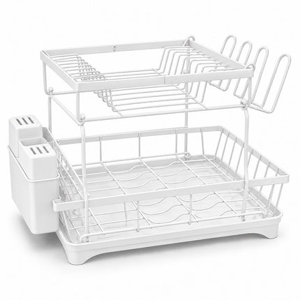 2-Tier Dish Drainer with Integrated Drain and Glass Holder, White, 47.5 cm Wide