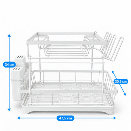 2-Tier Dish Drainer with Integrated Drain and Glass Holder, White, 47.5 cm Wide