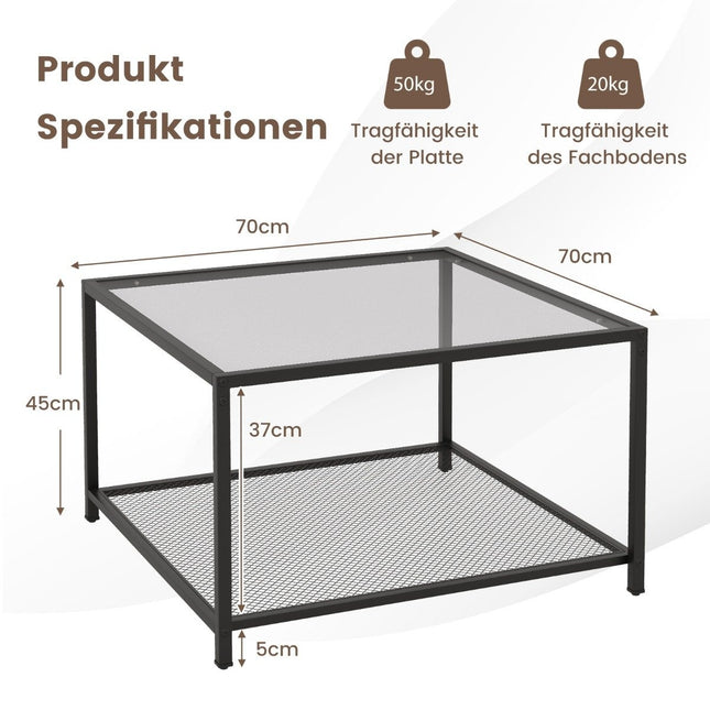 2-stufiger Glastisch mit Stauraum und Netzablage, moderner quadratischer Couchtisch, 70 x 70 x 45 cm, Grau