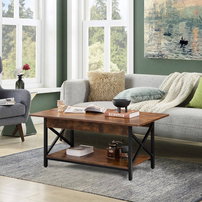 2-stufiger industrieller Couchtisch mit Regal und X-förmigem Metallrahmen, Braun