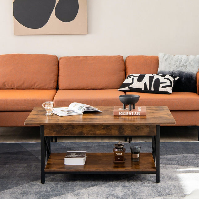 2-stufiger industrieller Couchtisch mit Regal und X-förmigem Metallrahmen, Braun