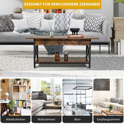 2-stufiger industrieller Couchtisch mit Regal und X-förmigem Metallrahmen, Braun