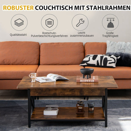 2-stufiger industrieller Couchtisch mit Regal und X-förmigem Metallrahmen, Braun