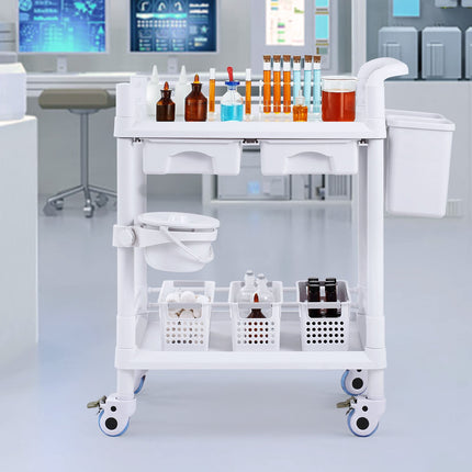 2-Tier Lab Cart With 2 Drawers, Trays, Silent Wheels