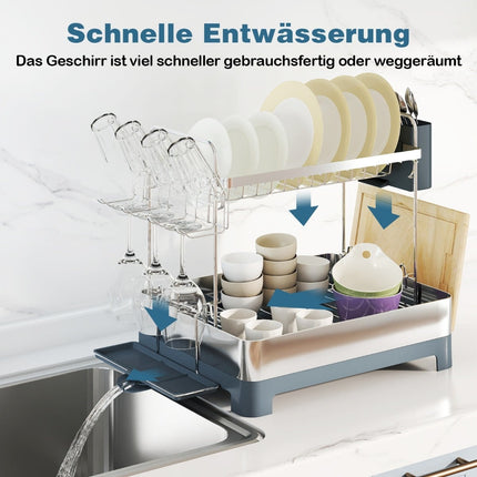 2-Tier Metal Dish Rack with Glass & Utensil Holders