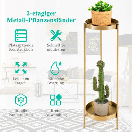 2-stöckiger Pflanzenständer aus Metall, moderner Blumenständer mit Ablage, 25 x 80 cm, golden