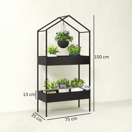 2patrový kovový stojan na květiny s háčkem, výška 150 cm, černý