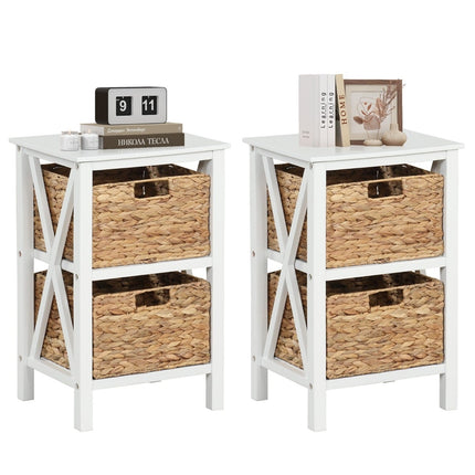 2-Tier Nightstand with Seagrass Baskets, White