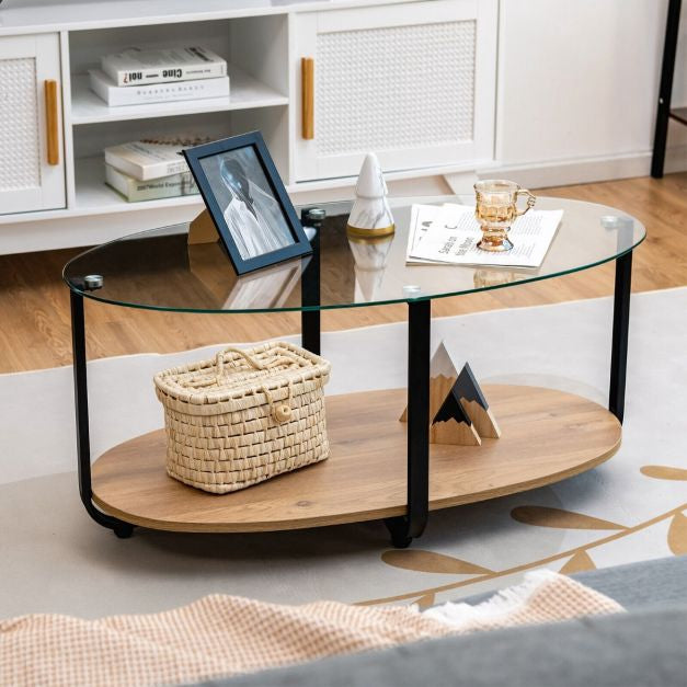 2-Tier Oval Coffee Table – Tempered Glass Top, Wood Shelf
