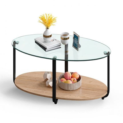2-stöckiger ovaler Couchtisch – Tischplatte aus gehärtetem Glas, Holzablage