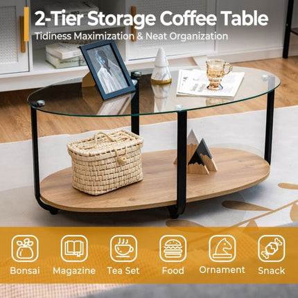 2-stöckiger ovaler Couchtisch – Tischplatte aus gehärtetem Glas, Holzablage