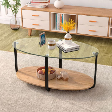 2-stöckiger ovaler Couchtisch – Tischplatte aus gehärtetem Glas, Holzablage