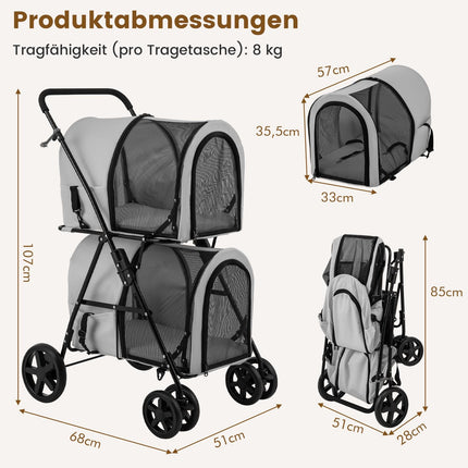 2-stöckiger Tierwagen, 16 kg Tragkraft, Grau, Netzfenster