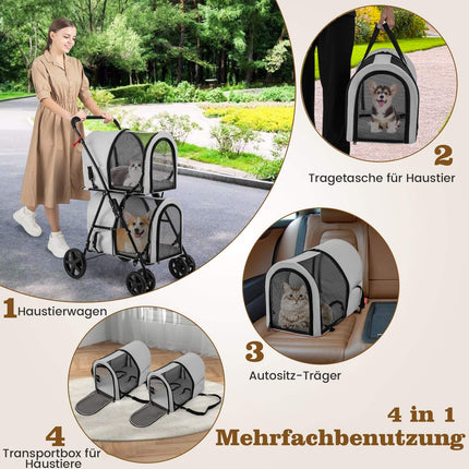 2-stöckiger Tierwagen, 16 kg Tragkraft, Grau, Netzfenster