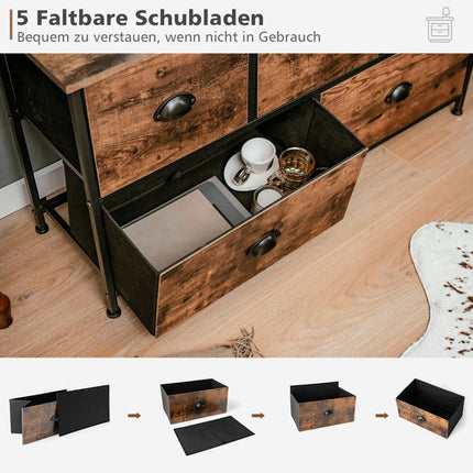 Rustikale Kommode mit 2 Ebenen, 5 Schubladen und faltbaren Stoffschubladen, Braun