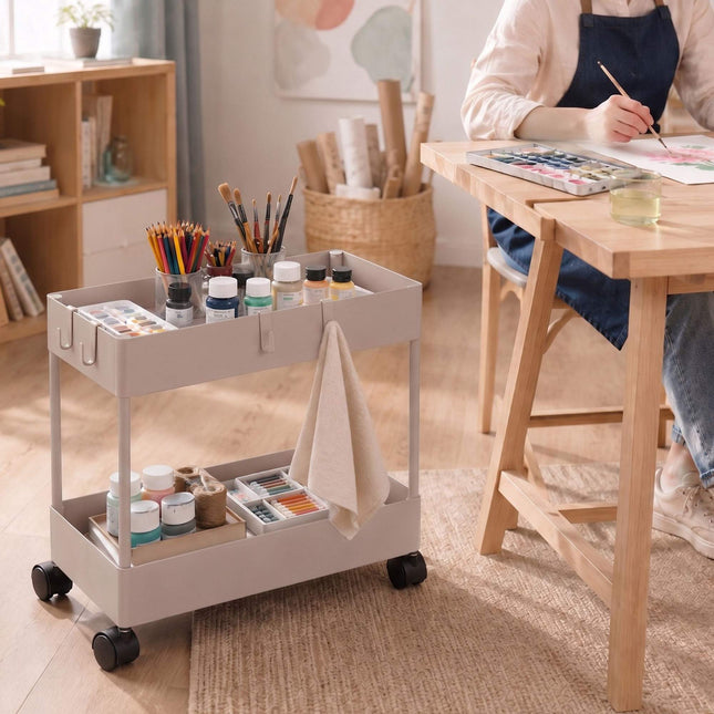 2-stöckiger Servierwagen mit Rollen, Beige