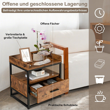 2-Tier Side Table with Metal Frame & Raised Edges