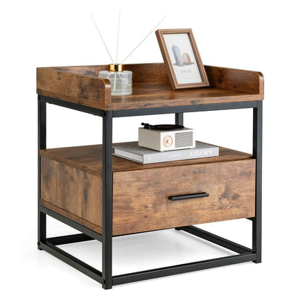 2-Tier Side Table with Metal Frame & Raised Edges