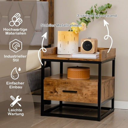 2-Tier Side Table with Metal Frame & Raised Edges