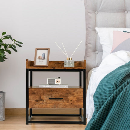 2-Tier Side Table with Metal Frame & Raised Edges