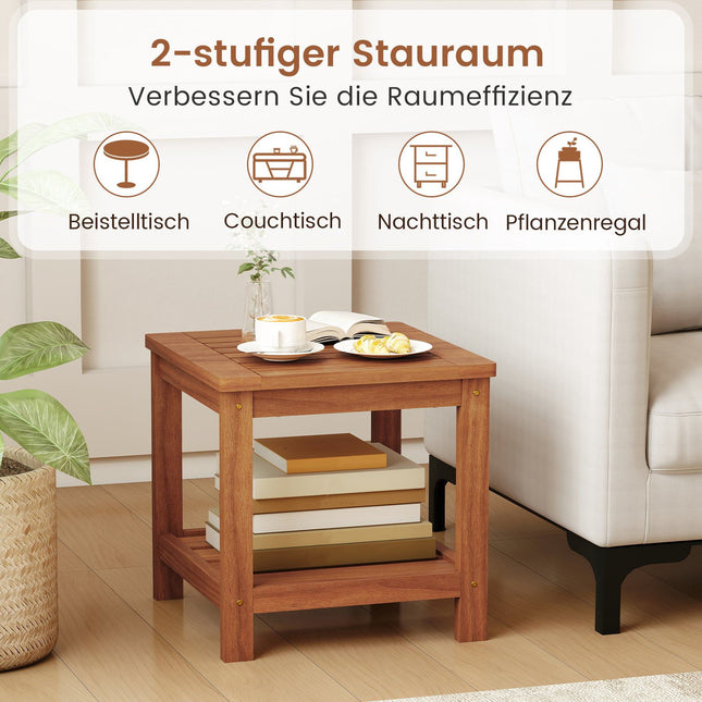 2-stöckiger Beistelltisch aus Massivholz mit Ablage, Naturfarben