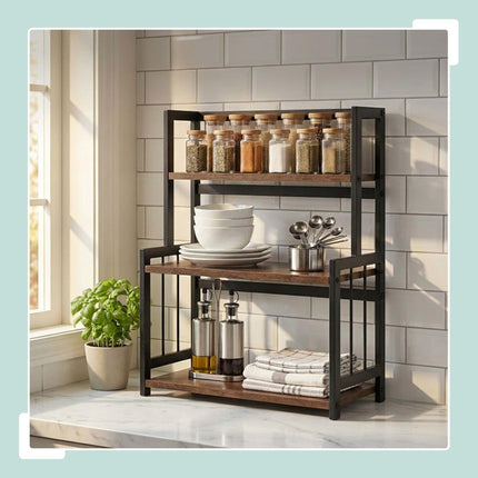 2-Tier Spice Rack Shelf, MDF and Iron, Brown/Black