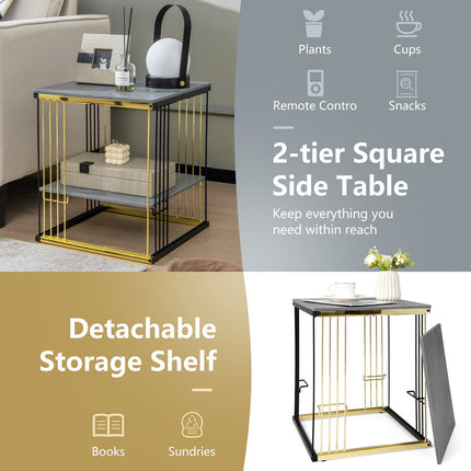 2-Tier Square End Table – Metal Frame, Removable Shelf