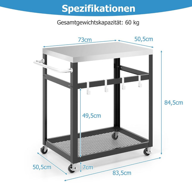 2 Tier Stainless Steel Grill Cart with Wheels & Handle & Hooks Outdoor Cart Work Table