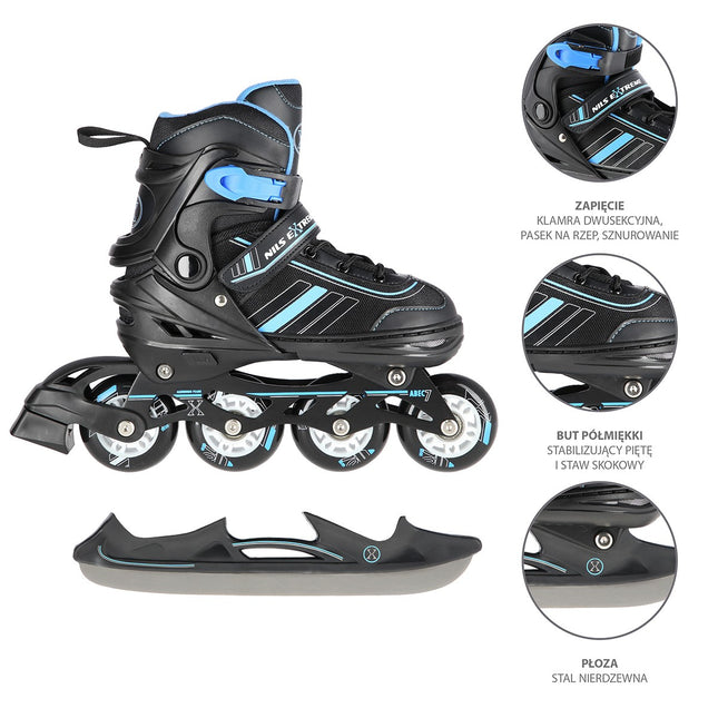 2-in-1 Inlineskates & Schlittschuhe Schwarz/Blau, Größe S (29-33)