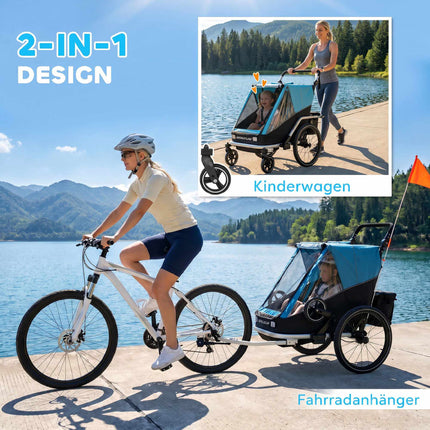 2-in-1 Child Bike Trailer Stroller, 2-Seat, Blue