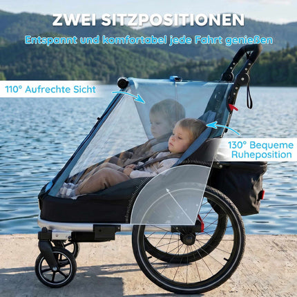 2-in-1 Child Bike Trailer Stroller, 2-Seat, Blue