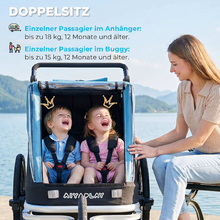 2-in-1 Child Bike Trailer Stroller, 2-Seat, Blue